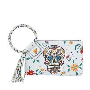 Women White Skull Cuff Graffiti Tassel Clutch Handbag